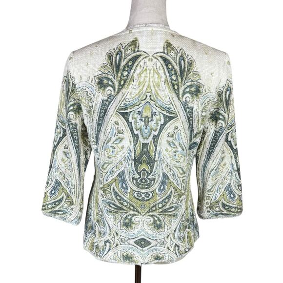 Chico's Sz 0 Embellished Heritage Soft Cotton Tweed Green Open Spring Jacket - Picture 5 of 14